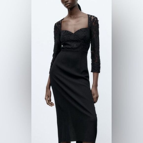 NWT ZARA BLACK FORMAL LACE TOP DRESS/ZARA MIDI DRESS PARTY DRESS - Picture 1 of 13